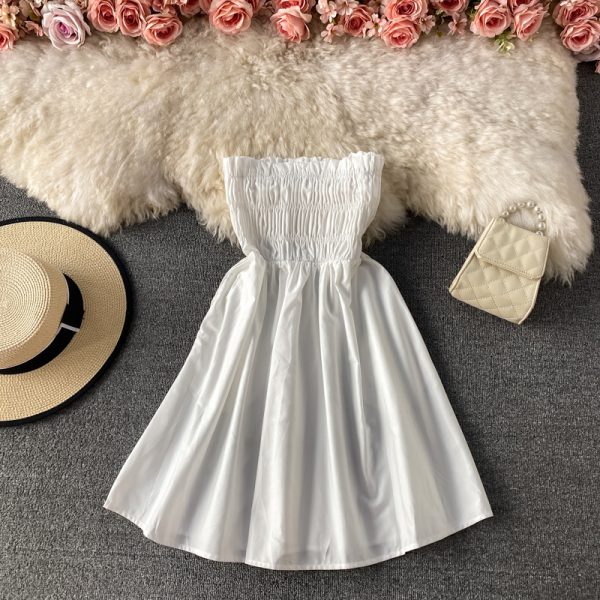 Summer New Fashion Solid Color Waist Tight Slimming Small High Waist off-Shoulder Pleated Tube Top Dress Short Skirt - Image 3