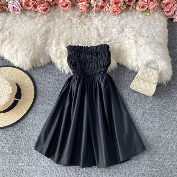 Summer New Fashion Solid Color Waist Tight Slimming Small High Waist off-Shoulder Pleated Tube Top Dress Short Skirt - Image 4