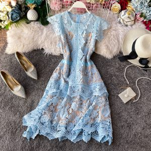 European Goods French Irregular Fairy Dress Fan-Shaped Skirt Flying Sleeves Ruffled Slim-Fit Women’s Lace Dress