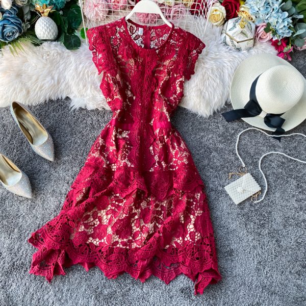 European Goods French Irregular Fairy Dress Fan-Shaped Skirt Flying Sleeves Ruffled Slim-Fit Women’s Lace Dress - Image 3