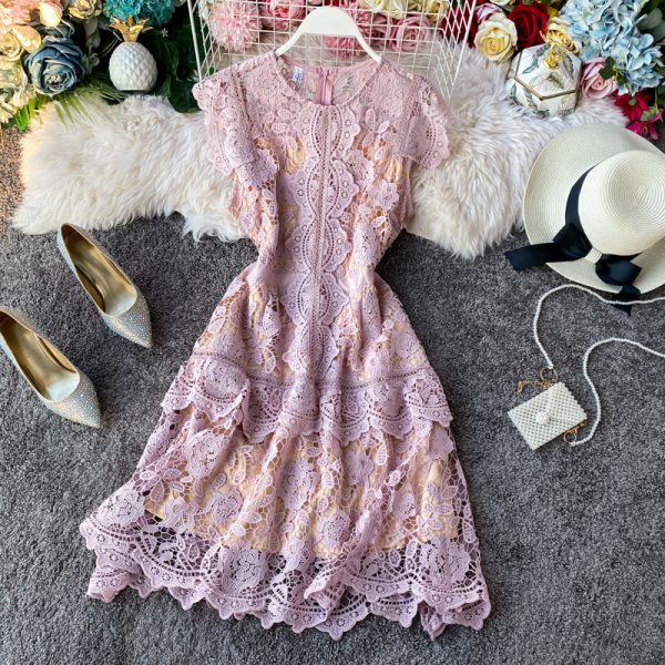 European Goods French Irregular Fairy Dress Fan-Shaped Skirt Flying Sleeves Ruffled Slim-Fit Women’s Lace Dress - Image 4