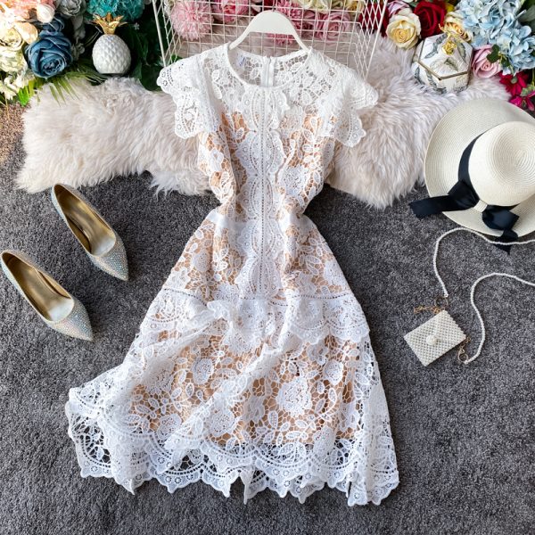 European Goods French Irregular Fairy Dress Fan-Shaped Skirt Flying Sleeves Ruffled Slim-Fit Women’s Lace Dress - Image 5