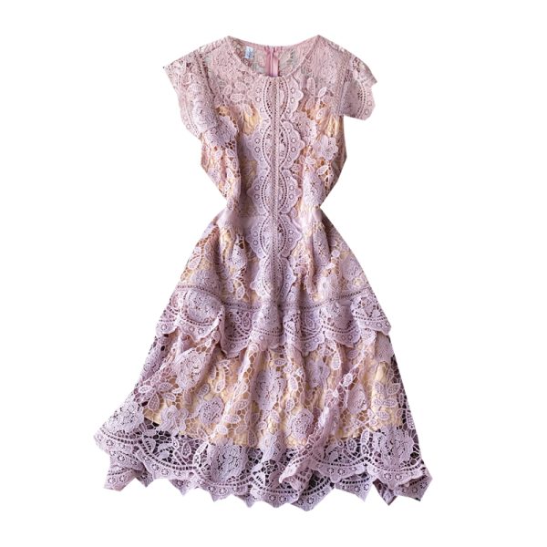 European Goods French Irregular Fairy Dress Fan-Shaped Skirt Flying Sleeves Ruffled Slim-Fit Women’s Lace Dress - Image 6