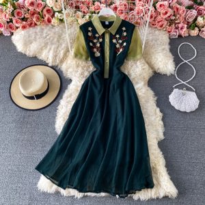 Elegant Waist Embroidered Shirt Collar Chiffon Dress Summer New Slim Slimming Mid-Length A- line Dress