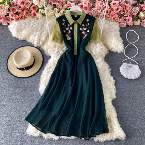 Elegant Waist Embroidered Shirt Collar Chiffon Dress Summer New Slim Slimming Mid-Length A- line Dress