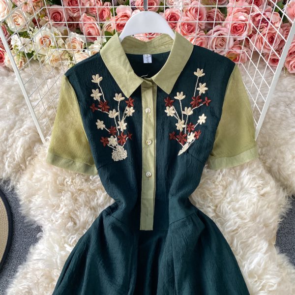 Elegant Waist Embroidered Shirt Collar Chiffon Dress Summer New Slim Slimming Mid-Length A- line Dress - Image 3