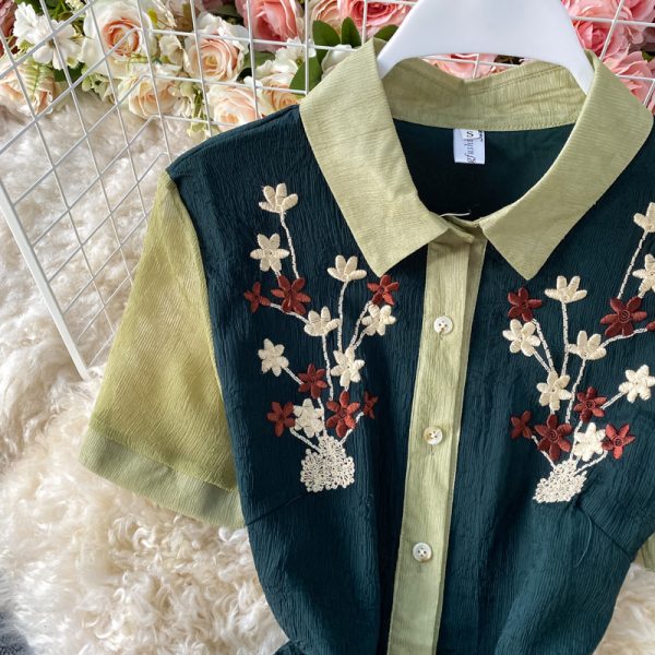 Elegant Waist Embroidered Shirt Collar Chiffon Dress Summer New Slim Slimming Mid-Length A- line Dress - Image 4