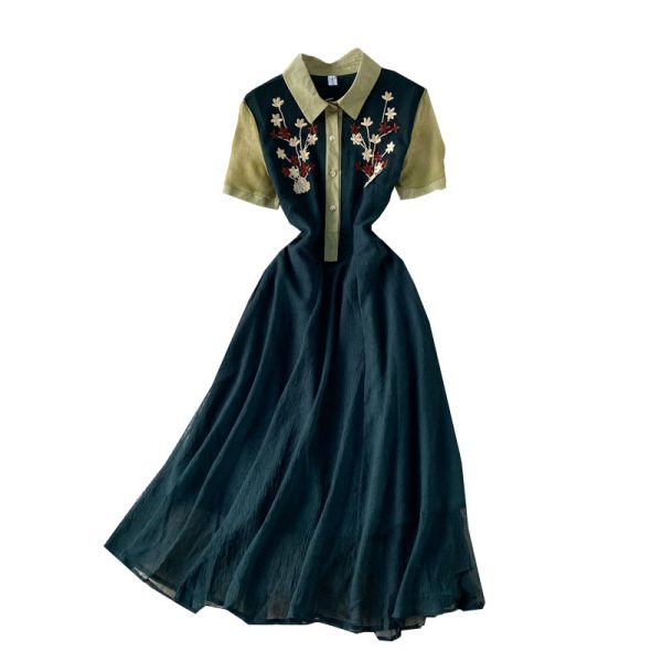 Elegant Waist Embroidered Shirt Collar Chiffon Dress Summer New Slim Slimming Mid-Length A- line Dress - Image 6