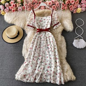 Summer super fairy dress square neck puff sleeve first love fairy dress French retro temperament goddess fan floral skirt