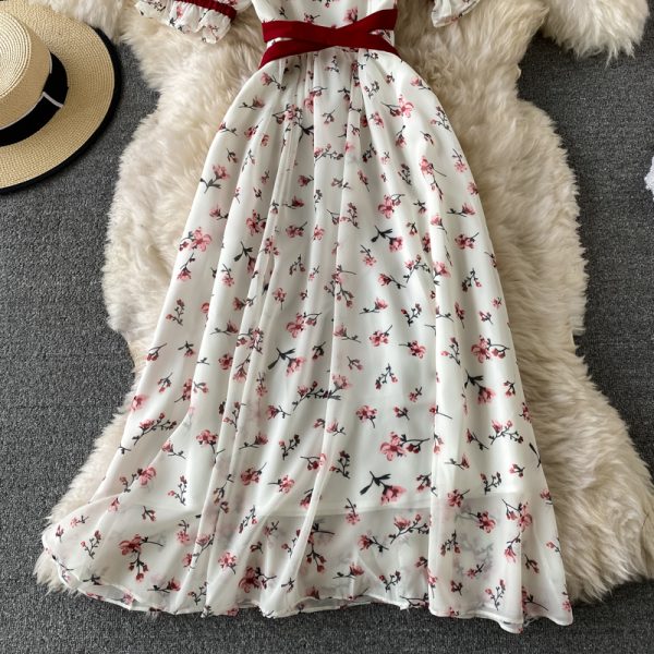 Summer super fairy dress square neck puff sleeve first love fairy dress French retro temperament goddess fan floral skirt - Image 4