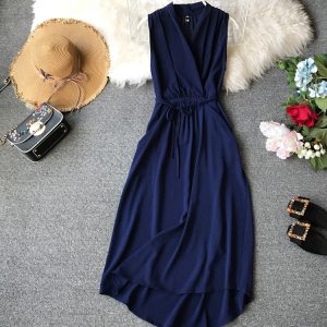 Women’s Sleeveless Dress Summer New Korean Style Slimming Chiffon Mid-Length Slim Temperament V-neck Solid Color Simple