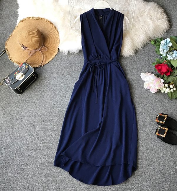 Women’s Sleeveless Dress Summer New Korean Style Slimming Chiffon Mid-Length Slim Temperament V-neck Solid Color Simple
