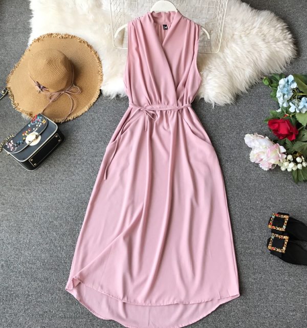 Women’s Sleeveless Dress Summer New Korean Style Slimming Chiffon Mid-Length Slim Temperament V-neck Solid Color Simple - Image 3