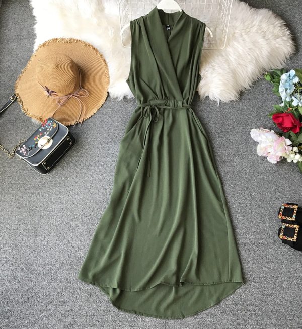 Women’s Sleeveless Dress Summer New Korean Style Slimming Chiffon Mid-Length Slim Temperament V-neck Solid Color Simple - Image 4