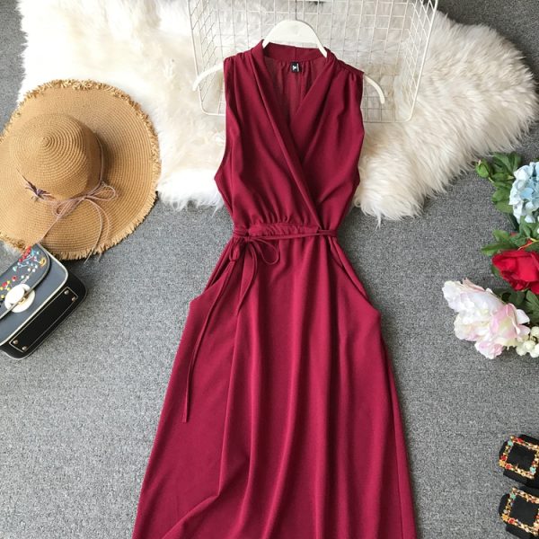 Women’s Sleeveless Dress Summer New Korean Style Slimming Chiffon Mid-Length Slim Temperament V-neck Solid Color Simple - Image 5