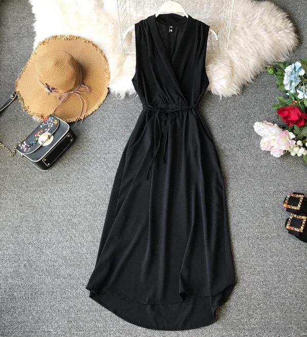 Women’s Sleeveless Dress Summer New Korean Style Slimming Chiffon Mid-Length Slim Temperament V-neck Solid Color Simple - Image 6