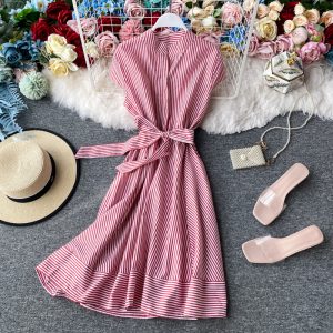 French Retro Red Striped Lightly Mature Dress Short Sleeve Women’s Summer Small Waist Slimming Temperament Short Skirt
