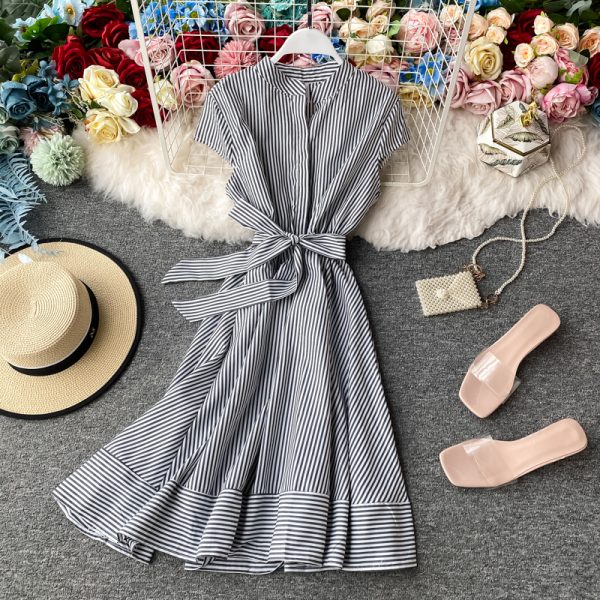 French Retro Red Striped Lightly Mature Dress Short Sleeve Women’s Summer Small Waist Slimming Temperament Short Skirt - Image 3