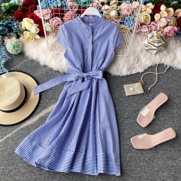 French Retro Red Striped Lightly Mature Dress Short Sleeve Women’s Summer Small Waist Slimming Temperament Short Skirt - Image 5