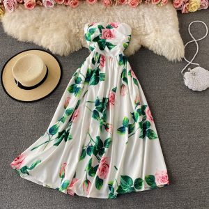 Holiday Sexy High Waist Rose Print off-the-Shoulder Tube Top Dress Vintage Pleated Elegant Dress Large Swing Dress