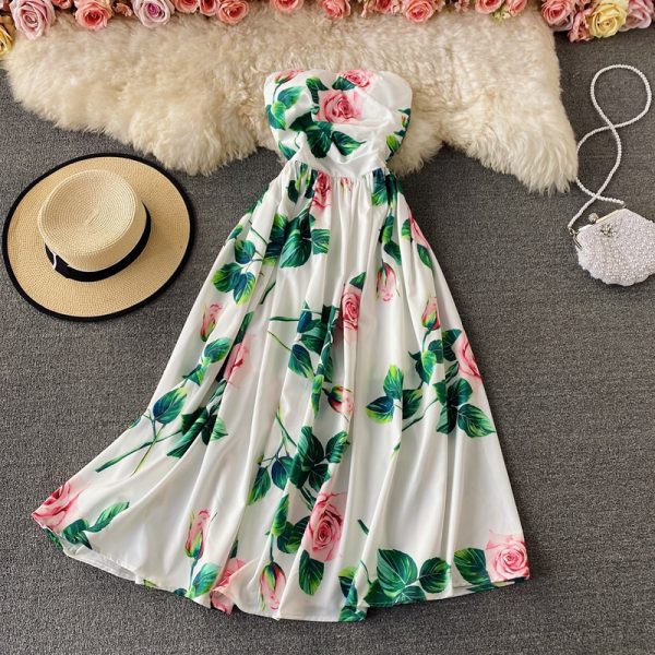 Holiday Sexy High Waist Rose Print off-the-Shoulder Tube Top Dress Vintage Pleated Elegant Dress Large Swing Dress - Image 2