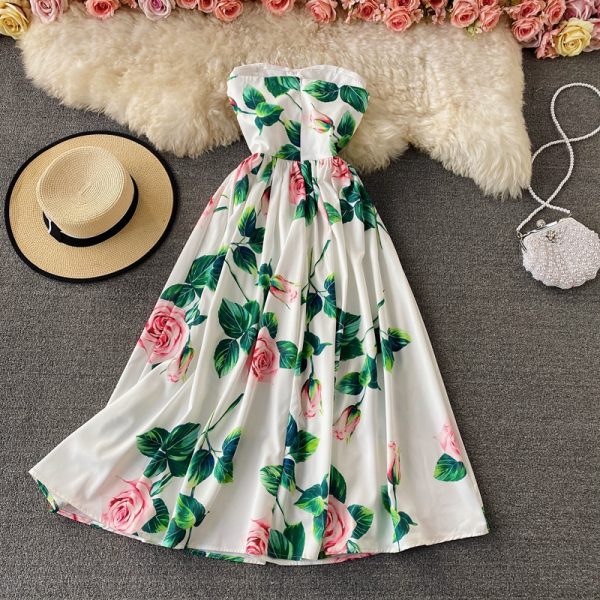 Holiday Sexy High Waist Rose Print off-the-Shoulder Tube Top Dress Vintage Pleated Elegant Dress Large Swing Dress - Image 3