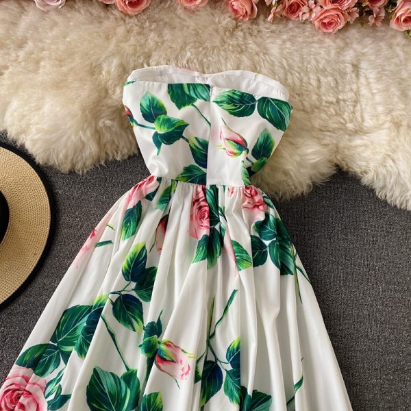 Holiday Sexy High Waist Rose Print off-the-Shoulder Tube Top Dress Vintage Pleated Elegant Dress Large Swing Dress - Image 4