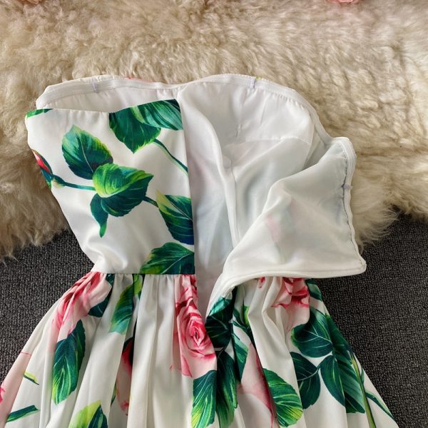 Holiday Sexy High Waist Rose Print off-the-Shoulder Tube Top Dress Vintage Pleated Elegant Dress Large Swing Dress - Image 5