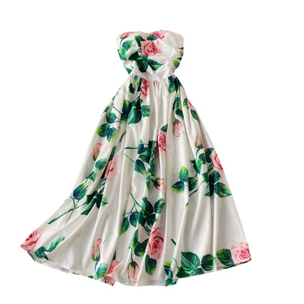Holiday Sexy High Waist Rose Print off-the-Shoulder Tube Top Dress Vintage Pleated Elegant Dress Large Swing Dress - Image 6