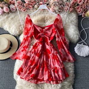 Spring and autumn style Mori drawstring pleated chiffon floral dress fashion temperament V-neck low-cut sexy A-line short skirt