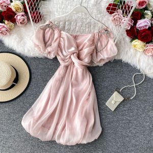 Sweet Girl’s Dress Puff Sleeve off-the-Shoulder Tight Waist V-neck Bud Dress Short Sleeve New Ladies Graceful Formal Dress