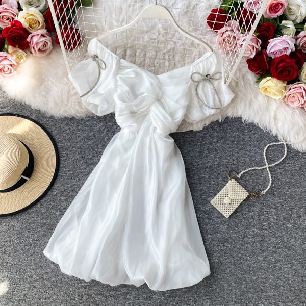 Sweet Girl’s Dress Puff Sleeve off-the-Shoulder Tight Waist V-neck Bud Dress Short Sleeve New Ladies Graceful Formal Dress - Image 3