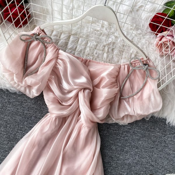 Sweet Girl’s Dress Puff Sleeve off-the-Shoulder Tight Waist V-neck Bud Dress Short Sleeve New Ladies Graceful Formal Dress - Image 4