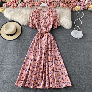 French Style Retro Square Collar Floral Chiffon Dress Puff Sleeve Waist-Tight Slimming Mori Super Fairy Swing Short Sleeve Dress