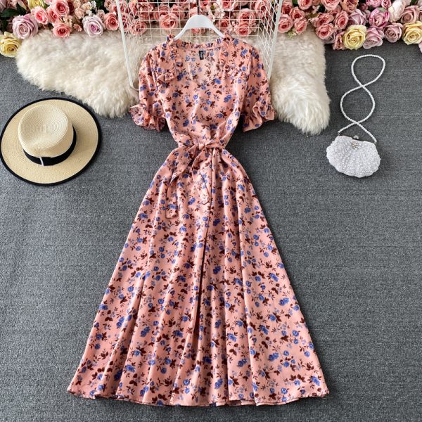 French Style Retro Square Collar Floral Chiffon Dress Puff Sleeve Waist-Tight Slimming Mori Super Fairy Swing Short Sleeve Dress - Image 2