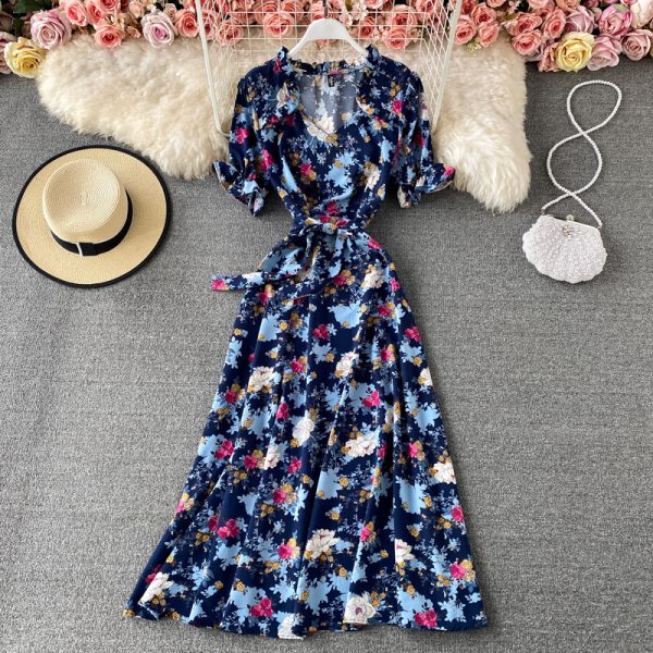 French Style Retro Square Collar Floral Chiffon Dress Puff Sleeve Waist-Tight Slimming Mori Super Fairy Swing Short Sleeve Dress - Image 3