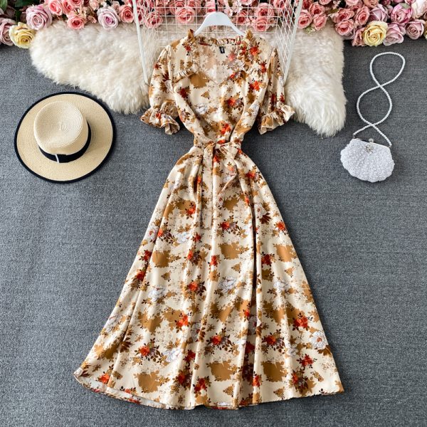 French Style Retro Square Collar Floral Chiffon Dress Puff Sleeve Waist-Tight Slimming Mori Super Fairy Swing Short Sleeve Dress - Image 4