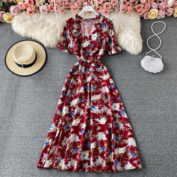 French Style Retro Square Collar Floral Chiffon Dress Puff Sleeve Waist-Tight Slimming Mori Super Fairy Swing Short Sleeve Dress - Image 5