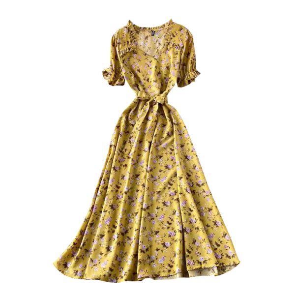 French Style Retro Square Collar Floral Chiffon Dress Puff Sleeve Waist-Tight Slimming Mori Super Fairy Swing Short Sleeve Dress - Image 6