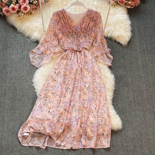 Summer New Elegant V-neck Fitted Waist Sweet Floral Chiffon Dress Flared Sleeve Western Style High Waist A- line Dress - Image 4