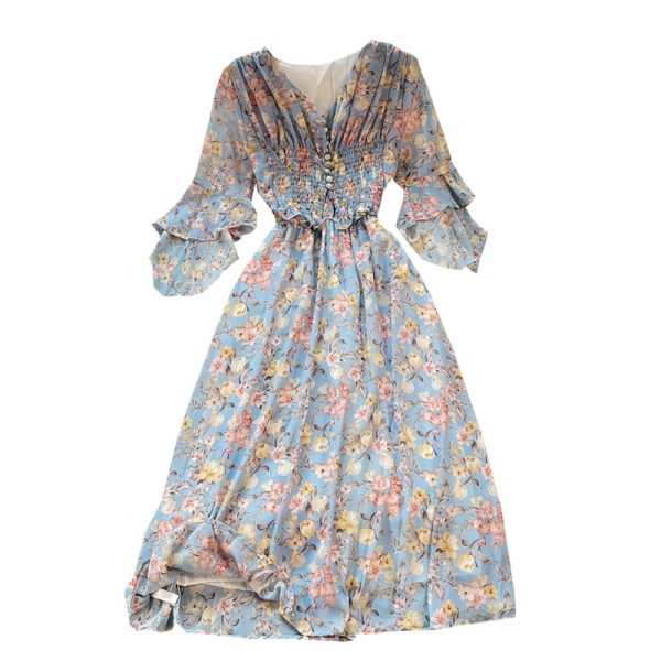 Summer New Elegant V-neck Fitted Waist Sweet Floral Chiffon Dress Flared Sleeve Western Style High Waist A- line Dress - Image 6