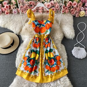 Summer New Bow Bandage Halter Skirt Slim Fit Slim Fit Sweet Printed Age-Reducing Large Swing Dress