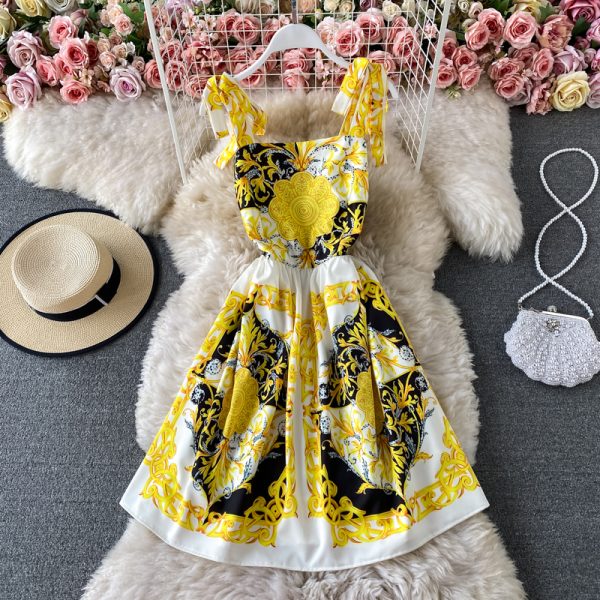 Summer New Bow Bandage Halter Skirt Slim Fit Slim Fit Sweet Printed Age-Reducing Large Swing Dress - Image 3