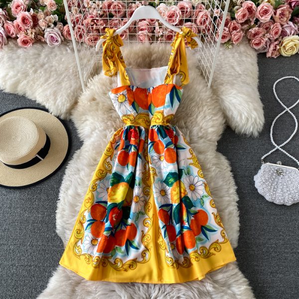 Summer New Bow Bandage Halter Skirt Slim Fit Slim Fit Sweet Printed Age-Reducing Large Swing Dress - Image 4