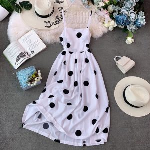 Popular Skirt Korean Style Fairy over-the-Knee Backless Dress Niche Polka Dot Brace Dress Large Swing Dress