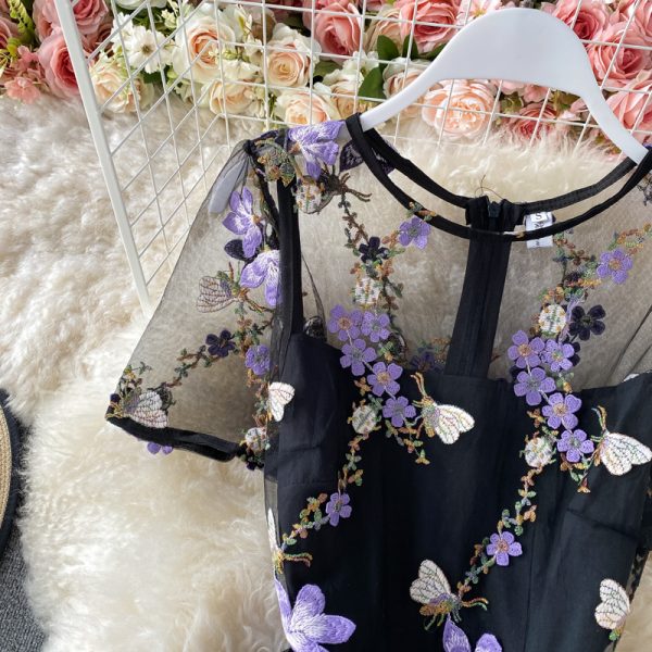 French Style Hepburn Style Long Dress Summer New Bow Collar Short Sleeve Slimming Embroidered Flower Dress Short Sleeve - Image 3