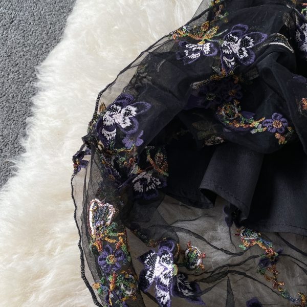 French Style Hepburn Style Long Dress Summer New Bow Collar Short Sleeve Slimming Embroidered Flower Dress Short Sleeve - Image 4