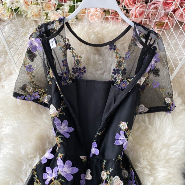 French Style Hepburn Style Long Dress Summer New Bow Collar Short Sleeve Slimming Embroidered Flower Dress Short Sleeve - Image 5