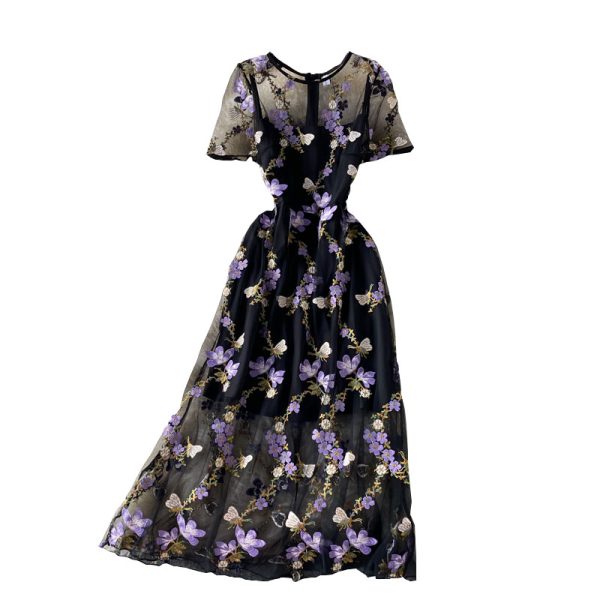 French Style Hepburn Style Long Dress Summer New Bow Collar Short Sleeve Slimming Embroidered Flower Dress Short Sleeve - Image 6