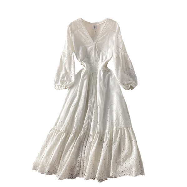 Spring New V-neck French Retro White Lace Dress Long Sleeve Tight Waist Super Fairy Slimming Long Dress - Image 6